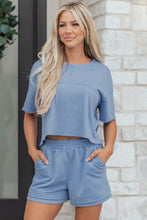 Load image into Gallery viewer, Sky Blue Solid Color Contrast Textured Patchwork Raw Edge 2pcs Short Set