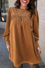 Load image into Gallery viewer, Desert Gold Corduroy Pleated Puff Sleeve Shift Short Dress