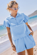 Load image into Gallery viewer, Beau Blue Ribbed Texture Half Zip Ruffled Short Sleeve Top and Shorts Set