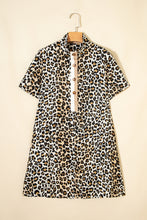 Load image into Gallery viewer, Multicolour Half Buttons Short Sleeve Loose Leopard Mini Dress with Pockets