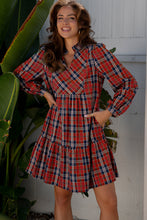 Load image into Gallery viewer, Green Plaid Print Frilly Collar Long Sleeve Shift Mini Dress