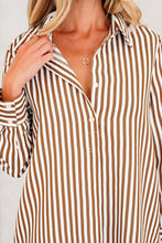 Load image into Gallery viewer, Brown Stripe Ruffled Hem Collared Long Sleeve Shirt Mini Dress