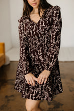 Load image into Gallery viewer, Brown Ditsy Floral Print Split Neck Long Sleeve Shirred Waist Flared Mini Dress