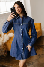 Load image into Gallery viewer, Ashleigh Blue Denim Shirt Collar Long Sleeve Flared Mini Dress