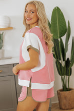 Load image into Gallery viewer, Pink Textured Colorblock Patchwork Tee Two Piece Shorts Set