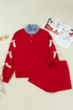 Load image into Gallery viewer, Racing Red Striped Collar Patchwork Satin Bow Sweatshirt and Shorts Set