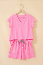 Load image into Gallery viewer, Sachet Pink V Neck Short Sleeve Top Drawstring Shorts 2pcs Set