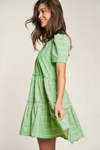 Load image into Gallery viewer, Green Stripe V Neck Short Sleeve Frilled Detail A-line Dress
