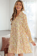Load image into Gallery viewer, Yellow Floral Print Frilly Trim Smocked Cuff Long Sleeve Loose Shirt Dress