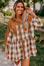 Load image into Gallery viewer, Khaki Plaid Color Block Patchwork Ruffle Hem Tunic Shirt Dress