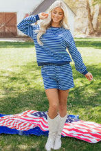 Load image into Gallery viewer, Blue Stripe Drop Shoulder Long Sleeve Pullover Elastic Waist Casual Short Set