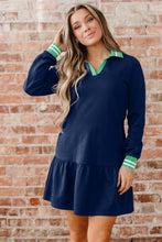 Load image into Gallery viewer, Navy Blue Contrast Striped Cuffs Polo Collar Patchwork Long Sleeve Ruffle Hem Mini Dress