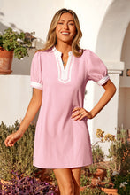 Load image into Gallery viewer, Light Pink Scallop Color Block Trim Puff Sleeve Mini Dress
