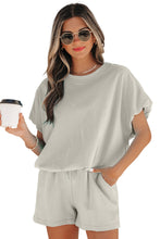 Load image into Gallery viewer, Light Blue Solid Color Puffy Loose Top Drawstring Shorts 2pcs Outfit