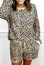 Load image into Gallery viewer, Brown Leopard Print Contrast Trim Long Sleeve Pullover Drawstring Shorts 2pcs Outfit