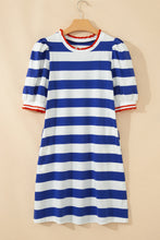 Load image into Gallery viewer, Red Stripe Contrast Trim Round Neck Short Puff Sleeve Shift Mini Dress