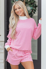 Load image into Gallery viewer, Pink Stripe Oversize Mock Neck Sweatshirt and Shorts Set
