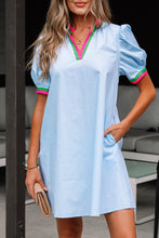 Load image into Gallery viewer, Myosotis Contrast Striped Notched V Neck Puff Sleeve Mini Dress