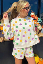 Load image into Gallery viewer, Multicolour Polka Dot Print Drop Shoulder Pullover Drawstring Shorts Set