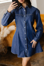 Load image into Gallery viewer, Ashleigh Blue Denim Shirt Collar Long Sleeve Flared Mini Dress