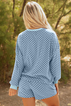 Load image into Gallery viewer, Sky Blue Checkerboard Long Sleeve Pullover and Shorts Set