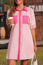 Load image into Gallery viewer, Sky Blue Stripe Color Block Patchwork Shirt Collar Button Down Puff Sleeve Mini Dress