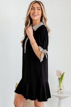 Load image into Gallery viewer, Black Stripe Detail Polo Collar Half Buttons Tied Short Sleeve Shift Mini Dress