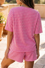 Load image into Gallery viewer, Green Stripe Raised Rib Loose Tee Drawstring Elastic Waist 2pcs Short Set