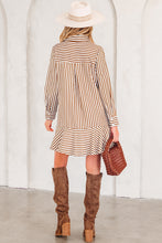 Load image into Gallery viewer, Brown Stripe Ruffled Hem Collared Long Sleeve Shirt Mini Dress