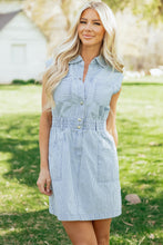 Load image into Gallery viewer, Sky Blue Stripe Collared Button Front Sleeveless Denim Mini Dress