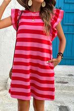 Load image into Gallery viewer, Black Stripe Flutter Sleeve Round Neck Shift Dress