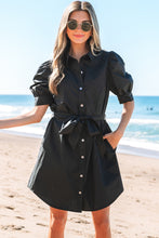 Load image into Gallery viewer, Black Button Up Tie Waist Puff Sleeve Mini Dress