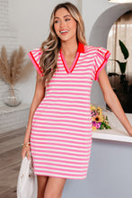 Load image into Gallery viewer, Green Stripe Print Contrast Collar Split Neck Flutter Sleeve Short Dress