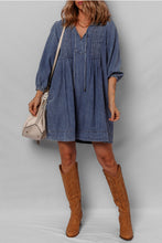 Load image into Gallery viewer, Sail Blue 3/4 Sleeve Tied V Neck Pleated Denim Mini Dress