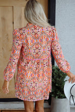Load image into Gallery viewer, Khaki Abstract Printed Long Sleeve Tied Neckline Mini Dress