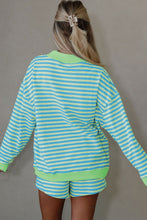 Load image into Gallery viewer, Pink Stripe Color Block Detail Long Sleeve Pullover Elastic Waist Pull On Shorts 2pcs Set