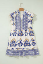 Load image into Gallery viewer, Blue Boho Floral Printed Split Neck Ruffled Sleeve Mini Dress
