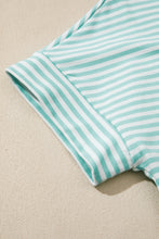 Load image into Gallery viewer, Sky Blue Stripe Cuffed Sleeve Contrast Mock Neck Tee Casual 2pcs Short Set