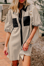 Load image into Gallery viewer, Sky Blue Stripe Color Block Patchwork Shirt Collar Button Down Puff Sleeve Mini Dress