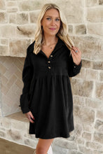 Load image into Gallery viewer, Black Corduroy Half Button Collared Long Sleeve Mini Dress