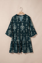 Load image into Gallery viewer, Blue Boho Floral Print Lettuce Trim 3/4 Sleeve Mini Dress