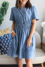 Load image into Gallery viewer, Myosotis Elastic Waist Short Sleeve Denim Mini Dress