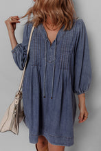 Load image into Gallery viewer, Sail Blue 3/4 Sleeve Tied V Neck Pleated Denim Mini Dress