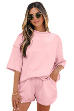 Load image into Gallery viewer, Yellow Cream Solid Color Exposed Seam Mock Neck Oversize Tee Casual Shorts 2pcs Outfit