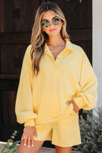 Load image into Gallery viewer, Yellow Cream Button Collar Drop Shoulder Pullover and Shorts 2pcs Outfit