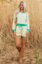 Load image into Gallery viewer, White Contrast Trim Colorblock Long Sleeve Pullover and Drawstring Shorts 2pcs Outfit