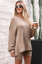 Load image into Gallery viewer, Dark Khaki Ribbed Balloon Sleeve Pullover Top and Biker Knitted Short Set