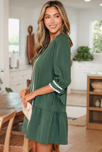 Load image into Gallery viewer, Canton Contrast Ricrac Trim Button V Neck Knotted Bracelet Sleeve Shift Dress