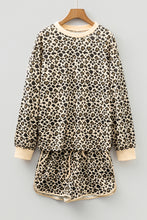 Load image into Gallery viewer, Brown Leopard Print Contrast Trim Long Sleeve Pullover Drawstring Shorts 2pcs Outfit