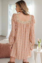 Load image into Gallery viewer, Khaki Floral Print Contrast Velvet Bow Lace Patchwork Long Sleeve Loose Mini Dress